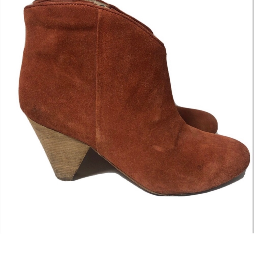 Anthropologie Suede Leather Orange Wood Block Heel Booties. Size 8.